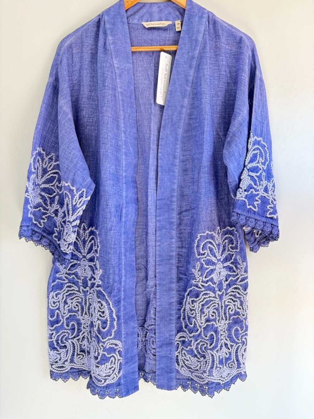 Soft Surroundings Periwinkle Purple  Embroidered Kimono Topper